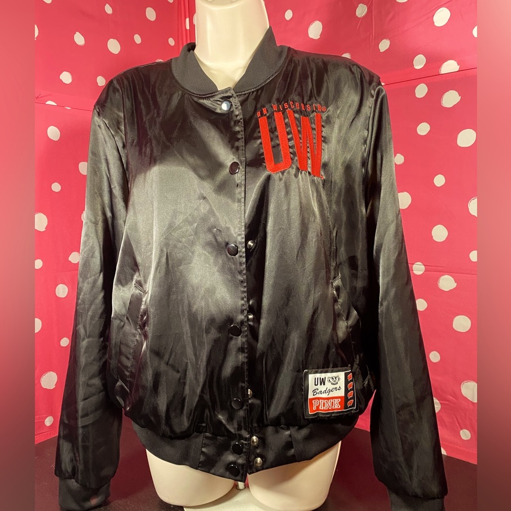VS PINK MEDIUM BLACK UW SATIN BOMBER